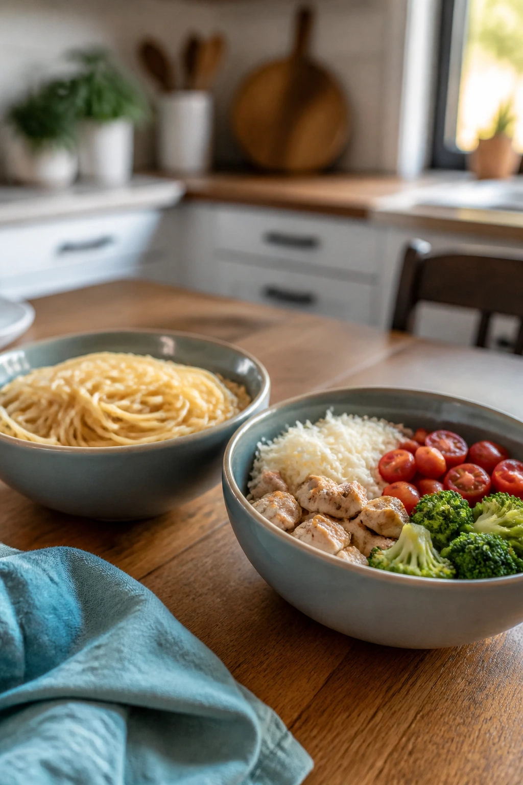 Two bowls with separate meal components on a wooden table
