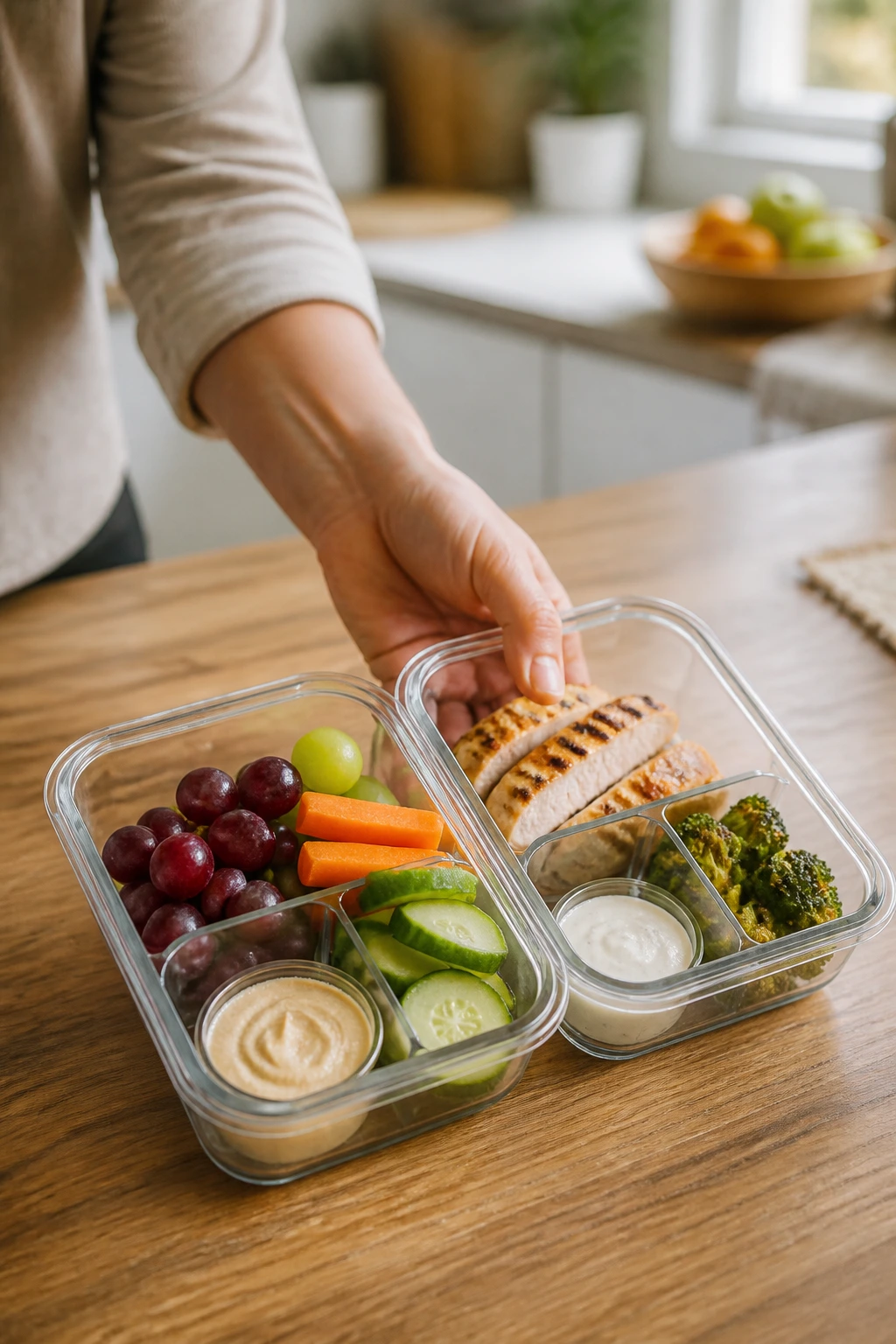 Hand placing two lunch containers with two dips on a kitchen table