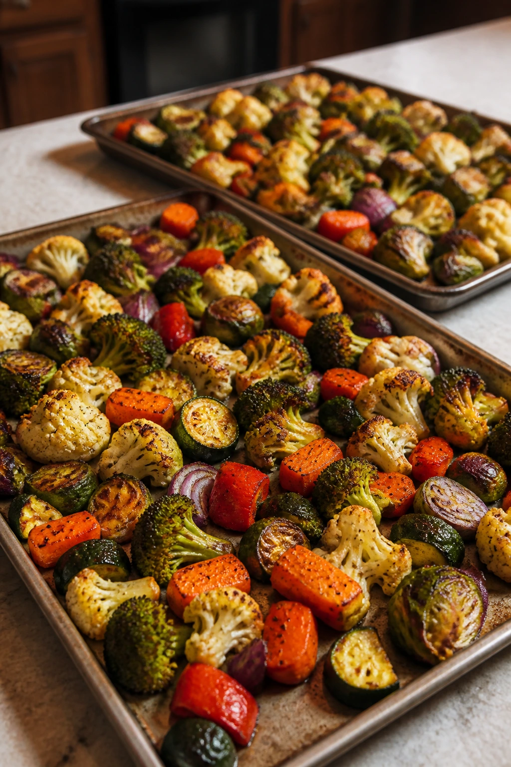 Two sheet pans with roasted vegetables showing varying browning on a kitchen counter