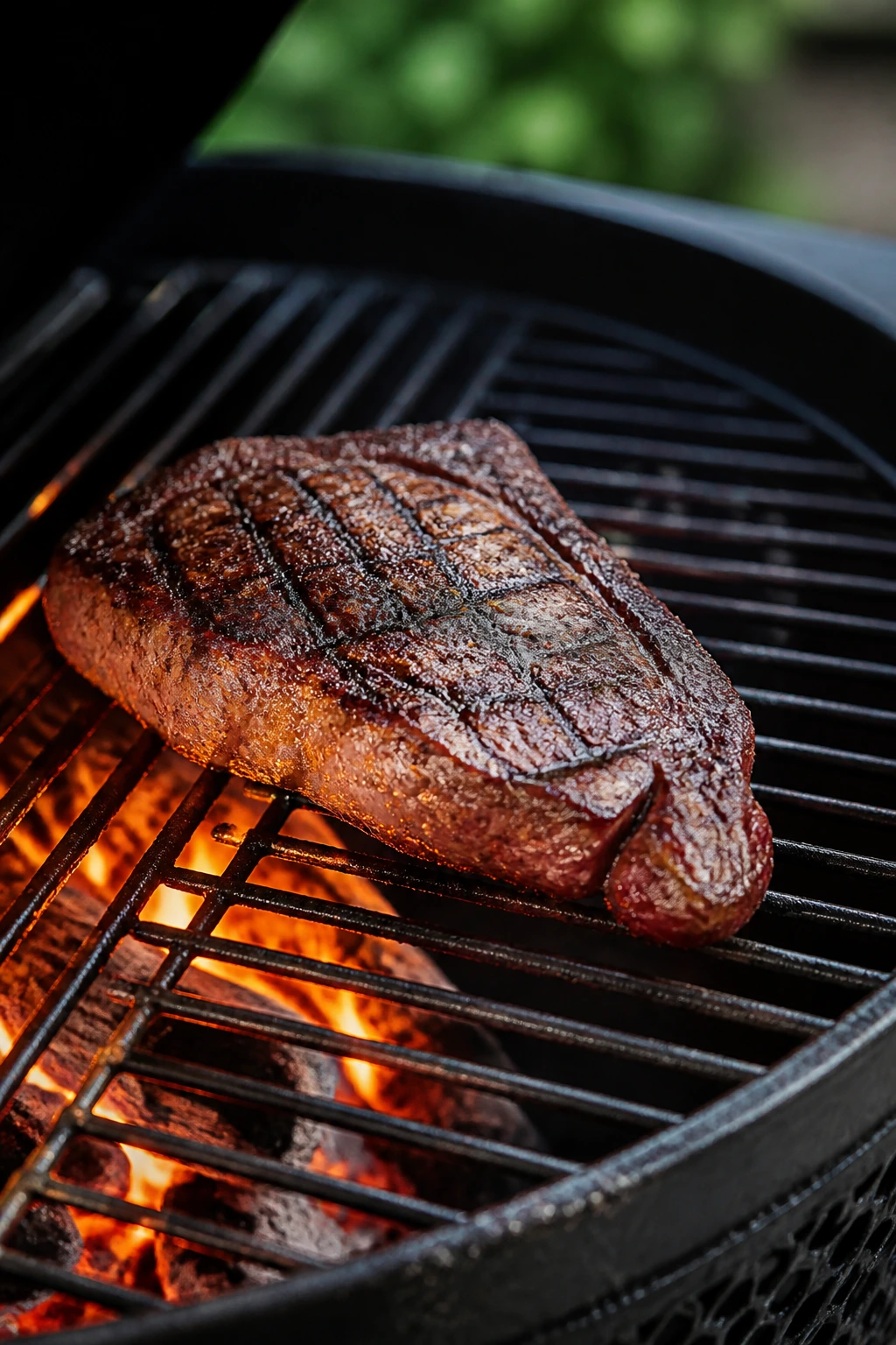 Steak seared on a two-zone grill with a visible hot and cool side.