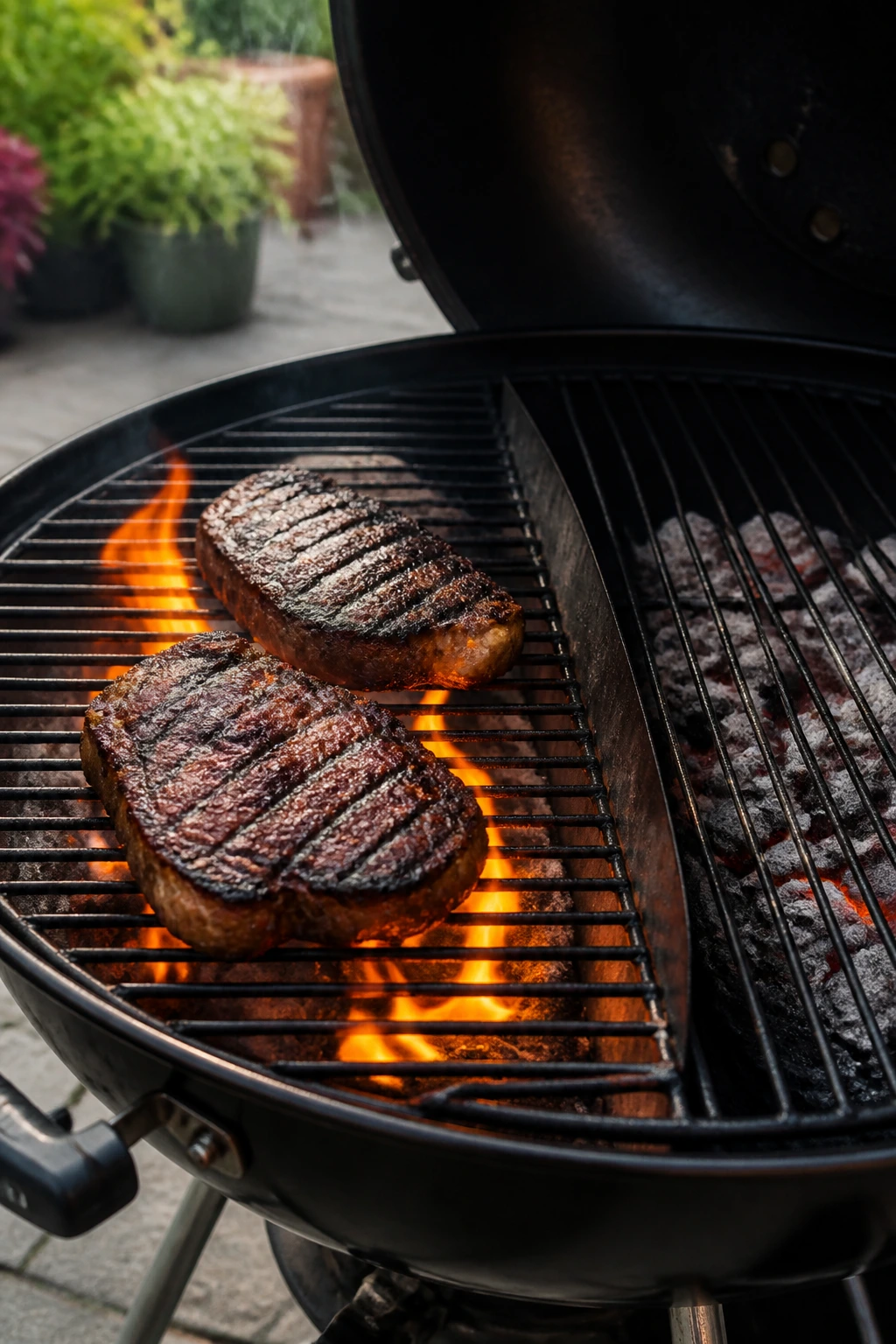Two-zone grill with direct sear area and indirect area in backyard