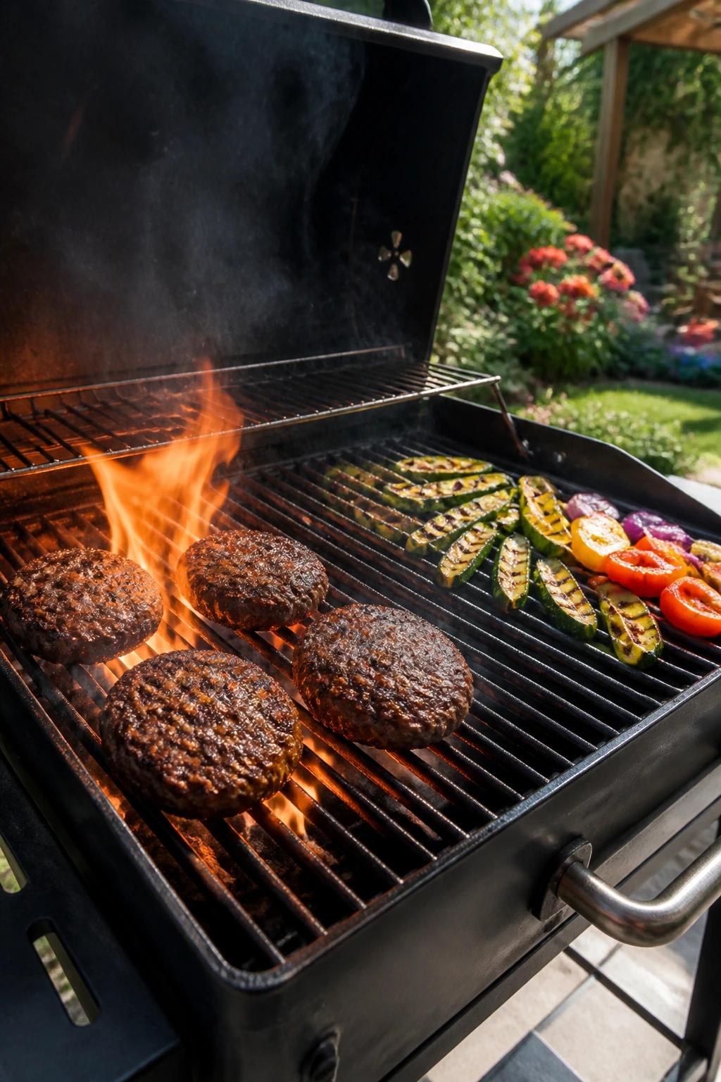 Two-zone grill with hot searing side and cool finishing side outdoors