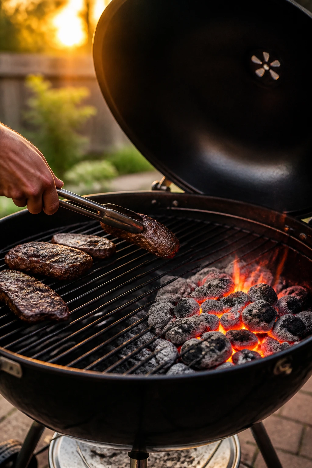 Close-up of a two-zone charcoal grill showing hot and cool sides