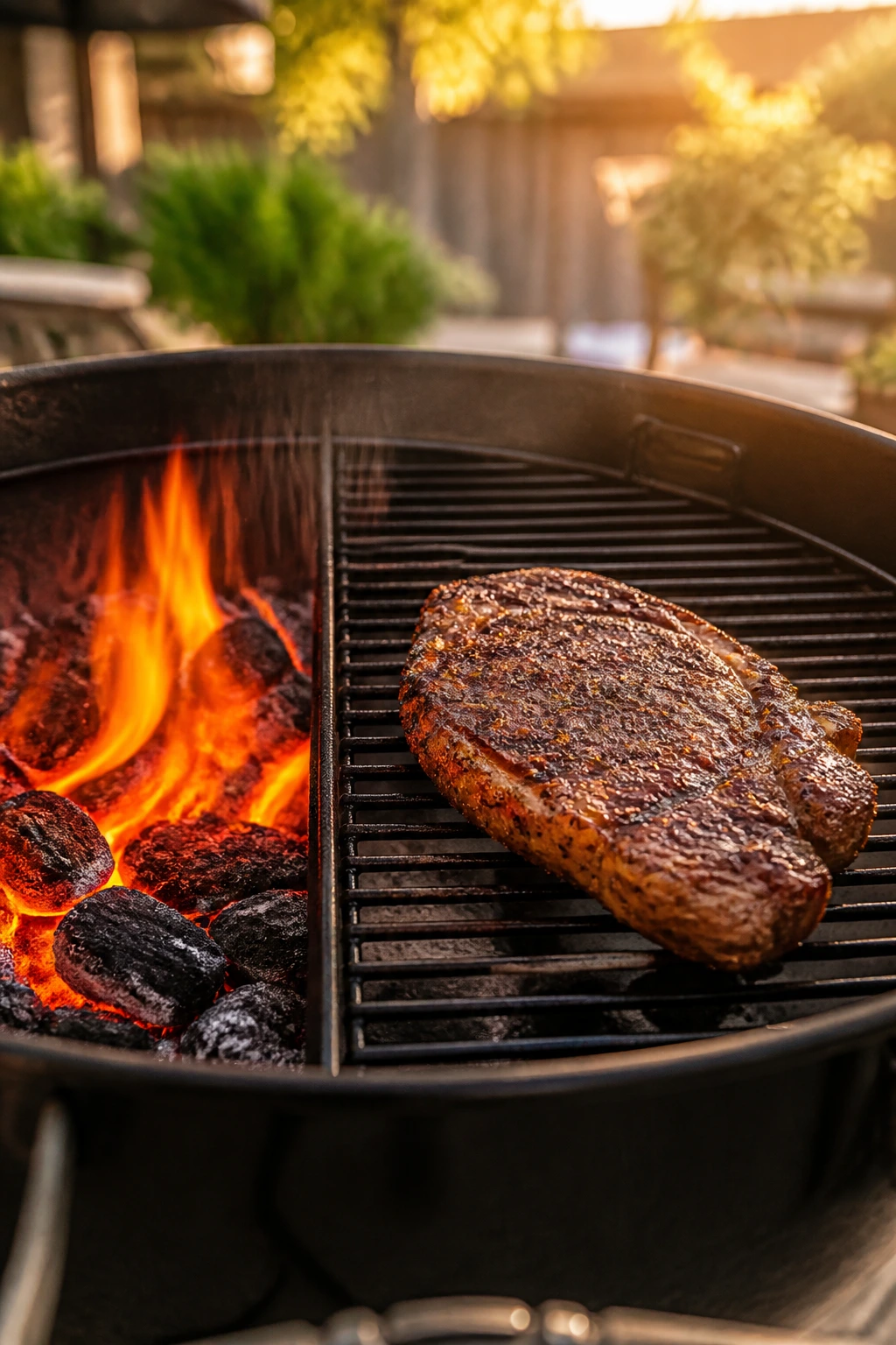 Steak on a two-zone charcoal grill showing direct and indirect heat zones in a backyard