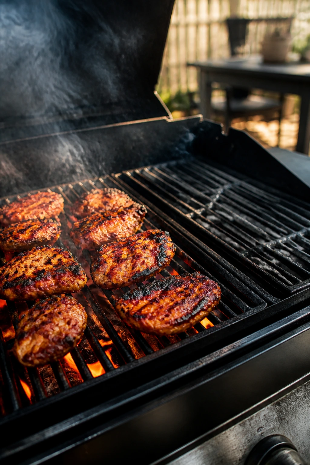 Two-zone grill with searing meat on hot side and cooler zone visible