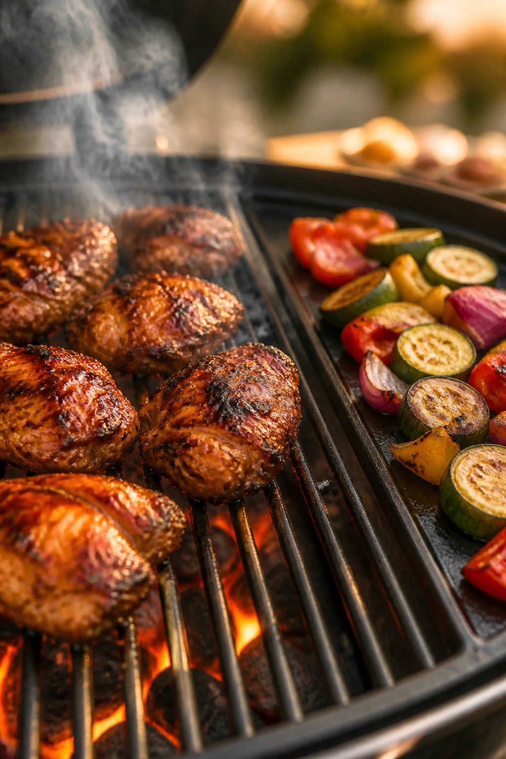 Two-zone grill with chicken on hot side and vegetables on cool side