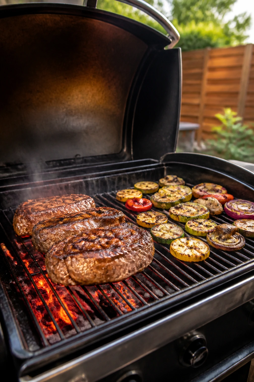 Barbecue grill with two heat zones for searing and finishing.