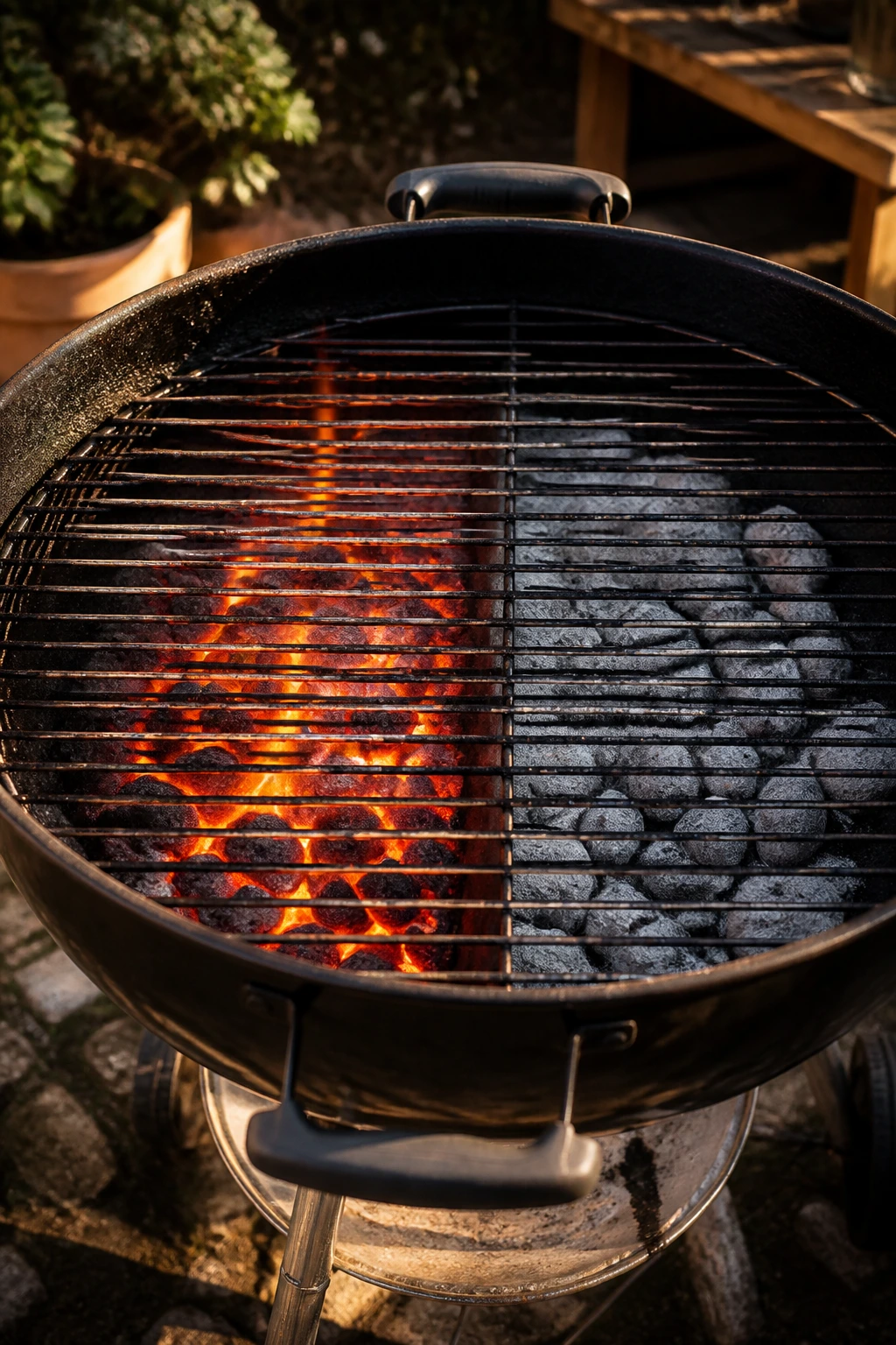Charcoal grill showing hot and cool zones for indirect cooking outdoors