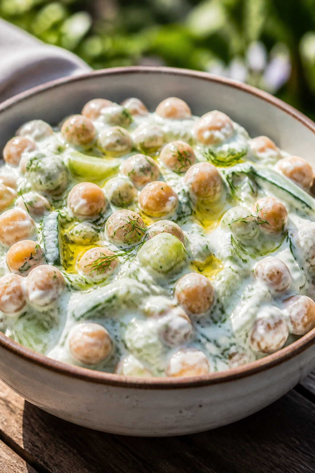 Close-up of Tzatziki Chickpea Salad with cucumber, dill, and yogurt dressing in a bowl