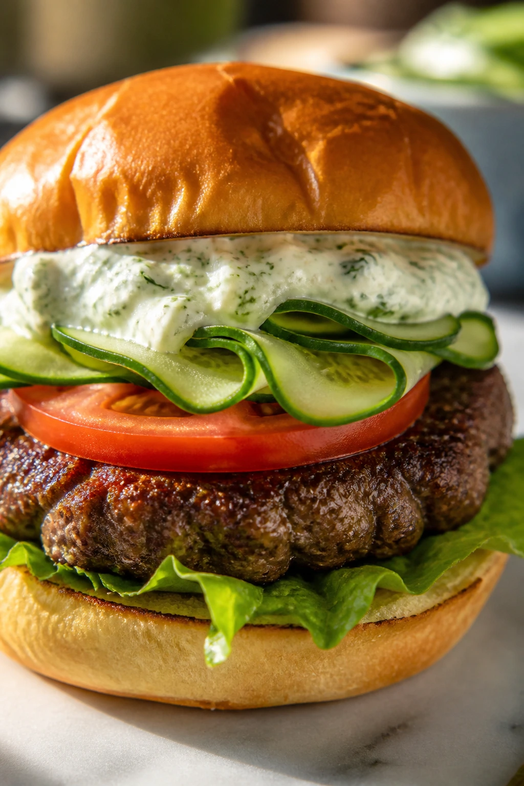 Beef burger with tzatziki, cucumber ribbons and tomato