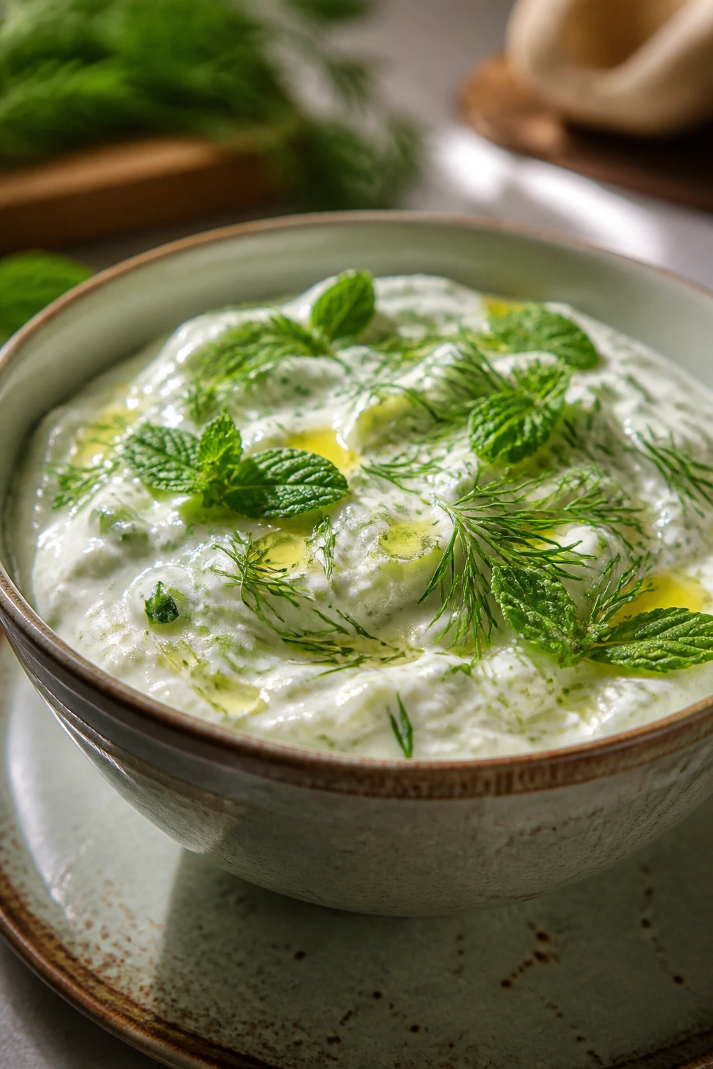 Tzatziki with dill and mint in a bowl on a wooden table