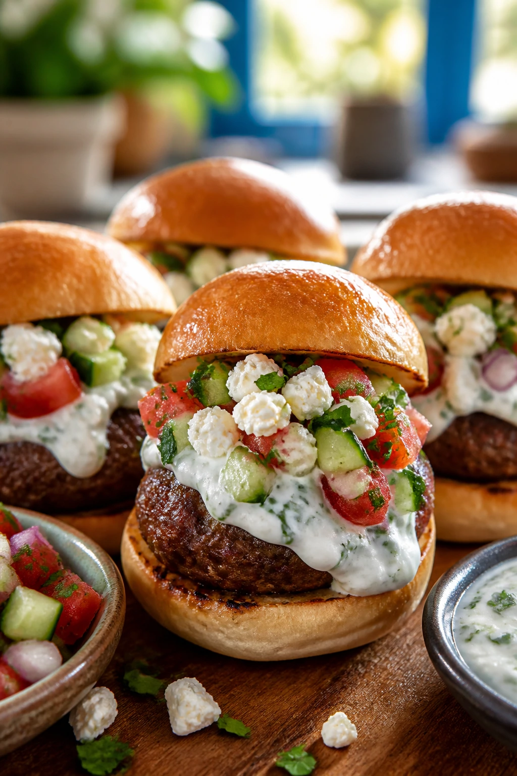 Close-up of Greek tzatziki sliders with feta and cucumber-tomato topping on a wooden board.