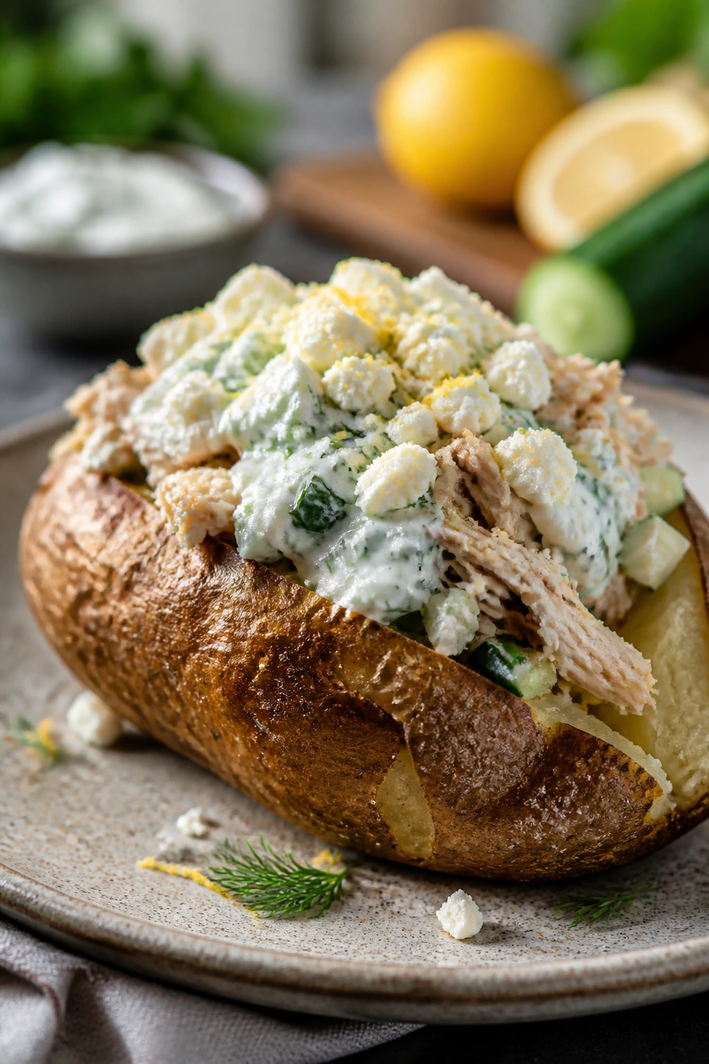 Bright Greek-inspired potato with tzatziki, chicken, and feta