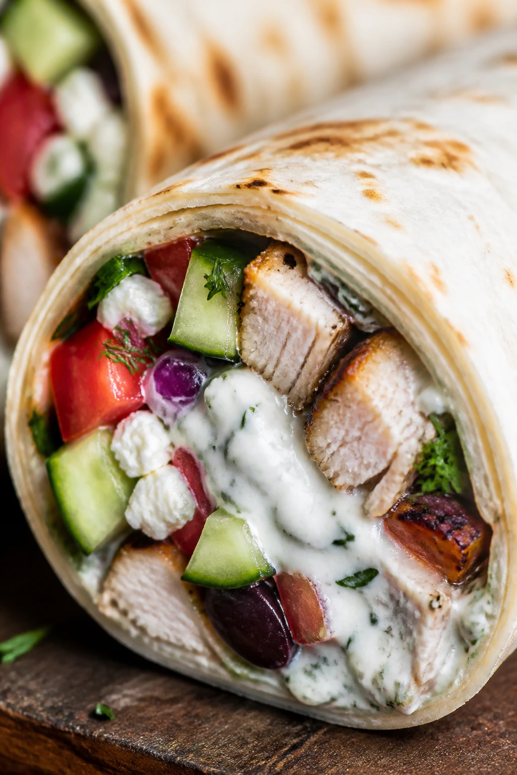 Close-up of Greek chicken tzatziki wrap with cucumber, tomato, feta and olives in a wrap