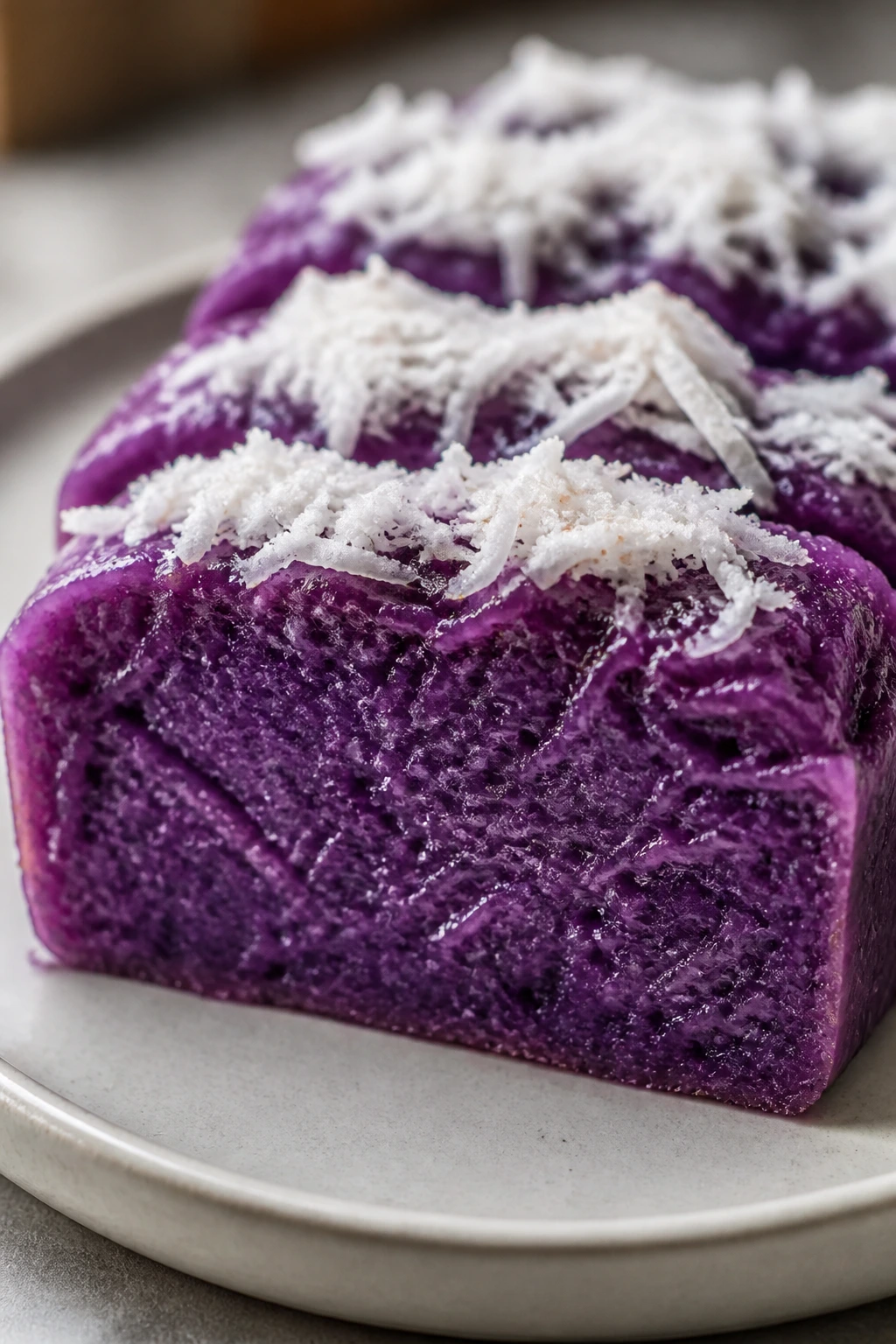 Purple ube coconut sticky rice loaf slice with coconut flakes.