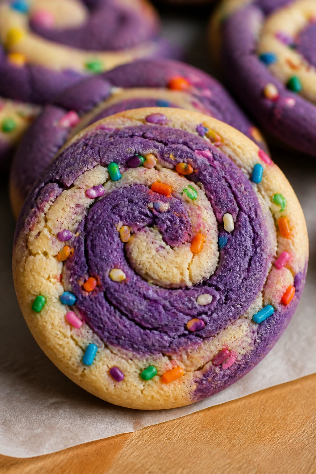 Close-up of a purple ube swirl rainbow cookie with sprinkles