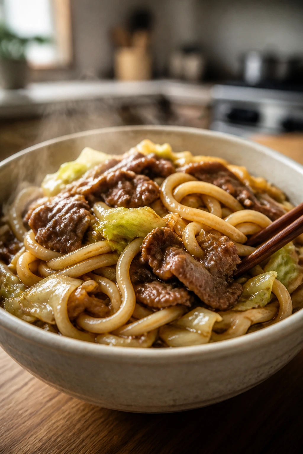 Steaming bowl of udon with beef and cabbage