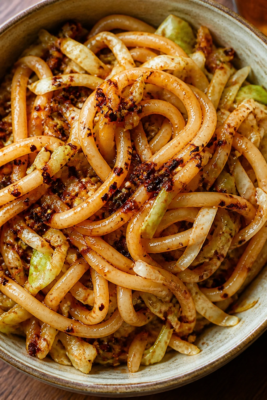 Udon with chili crisp and cabbage in a warm kitchen