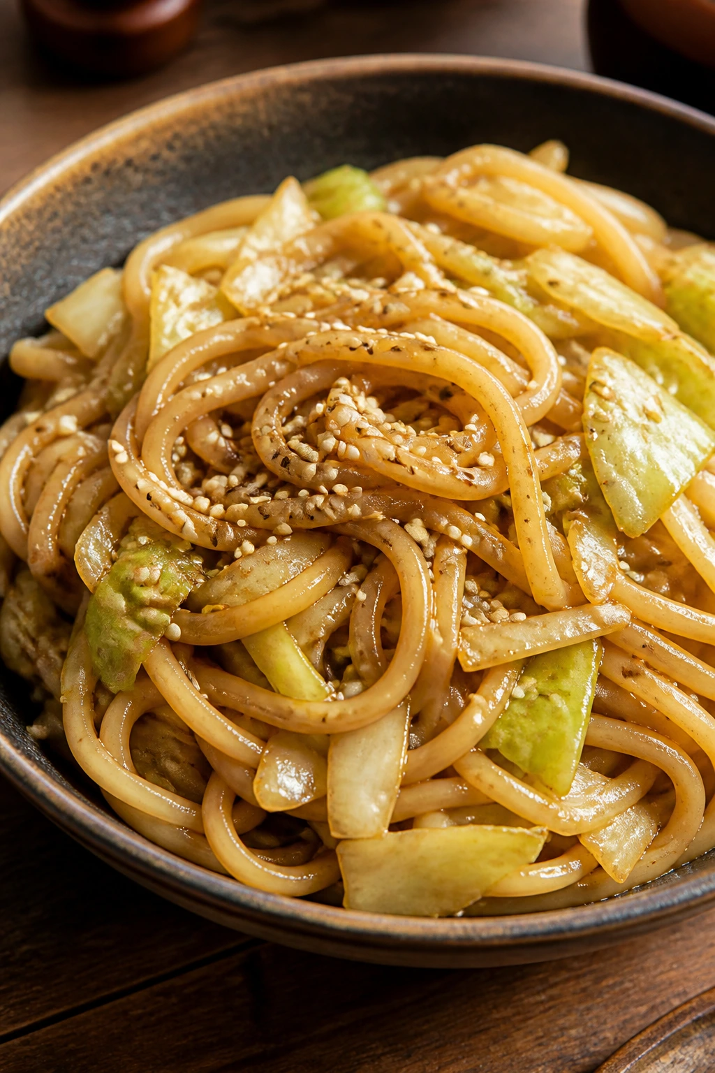 Close-up of Sesame Udon with Cabbage in a deep bowl