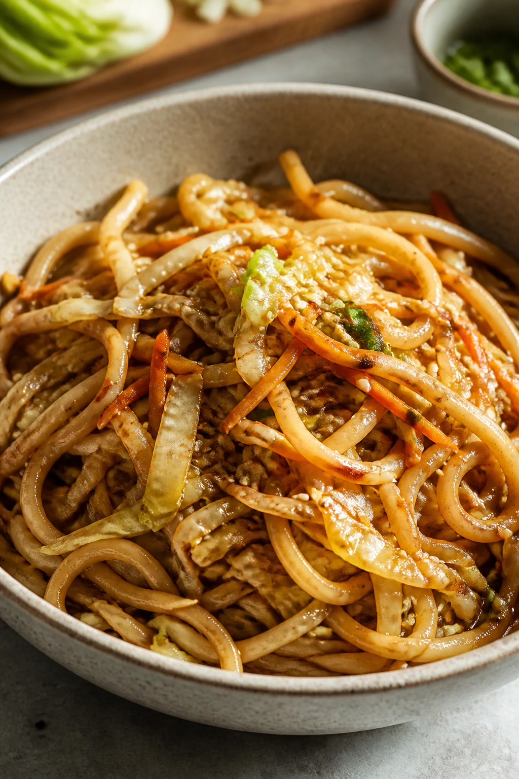 Close-up of sesame cabbage udon noodles in glossy sauce.