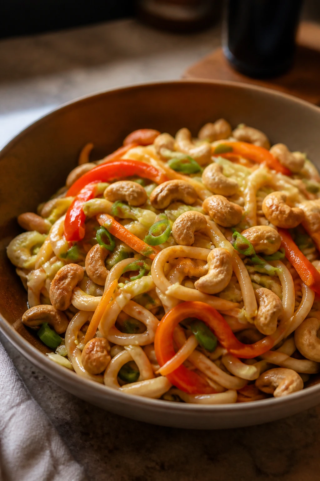 Udon with vegetables and cashews in a bowl