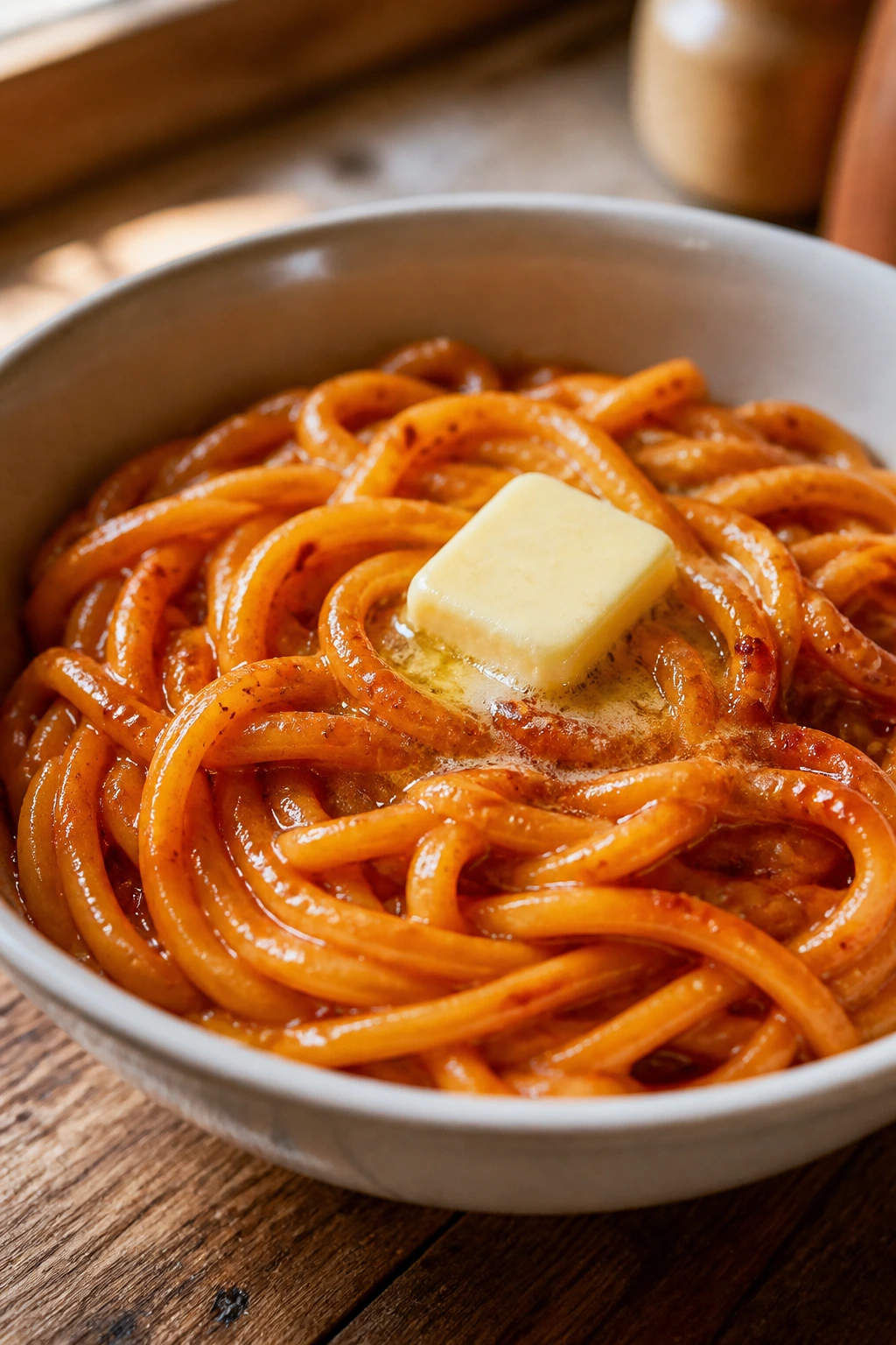 Close-up of gochujang butter udon in a bowl, noodles coated in glossy sauce