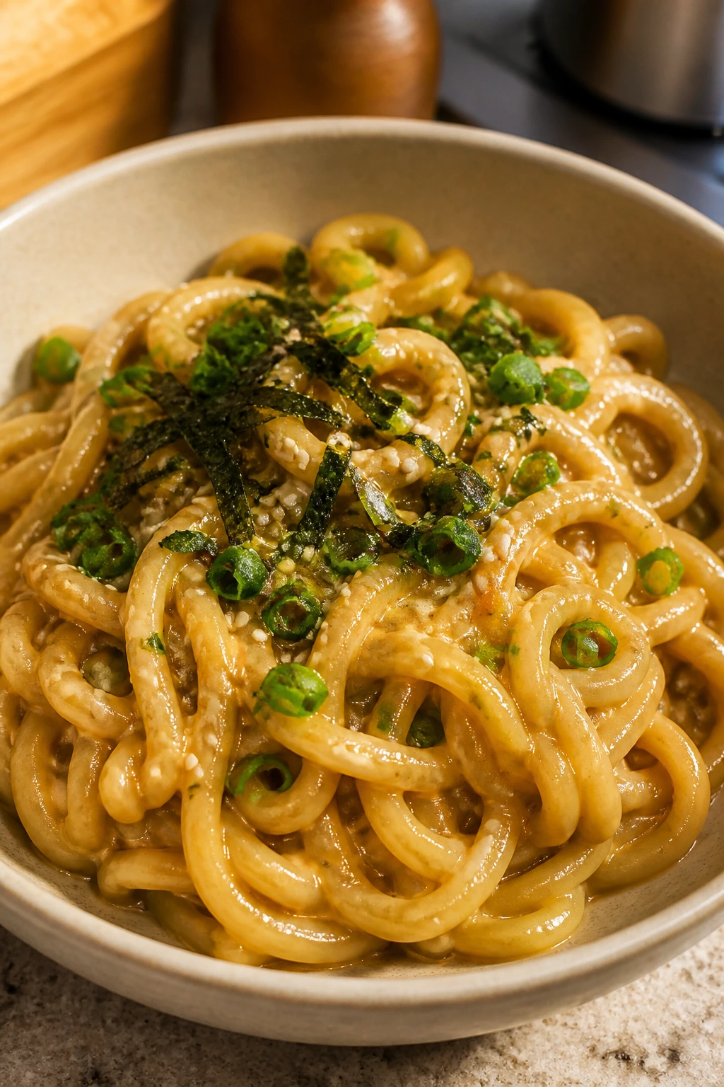 Close-up of miso butter udon noodles in a glossy sauce.