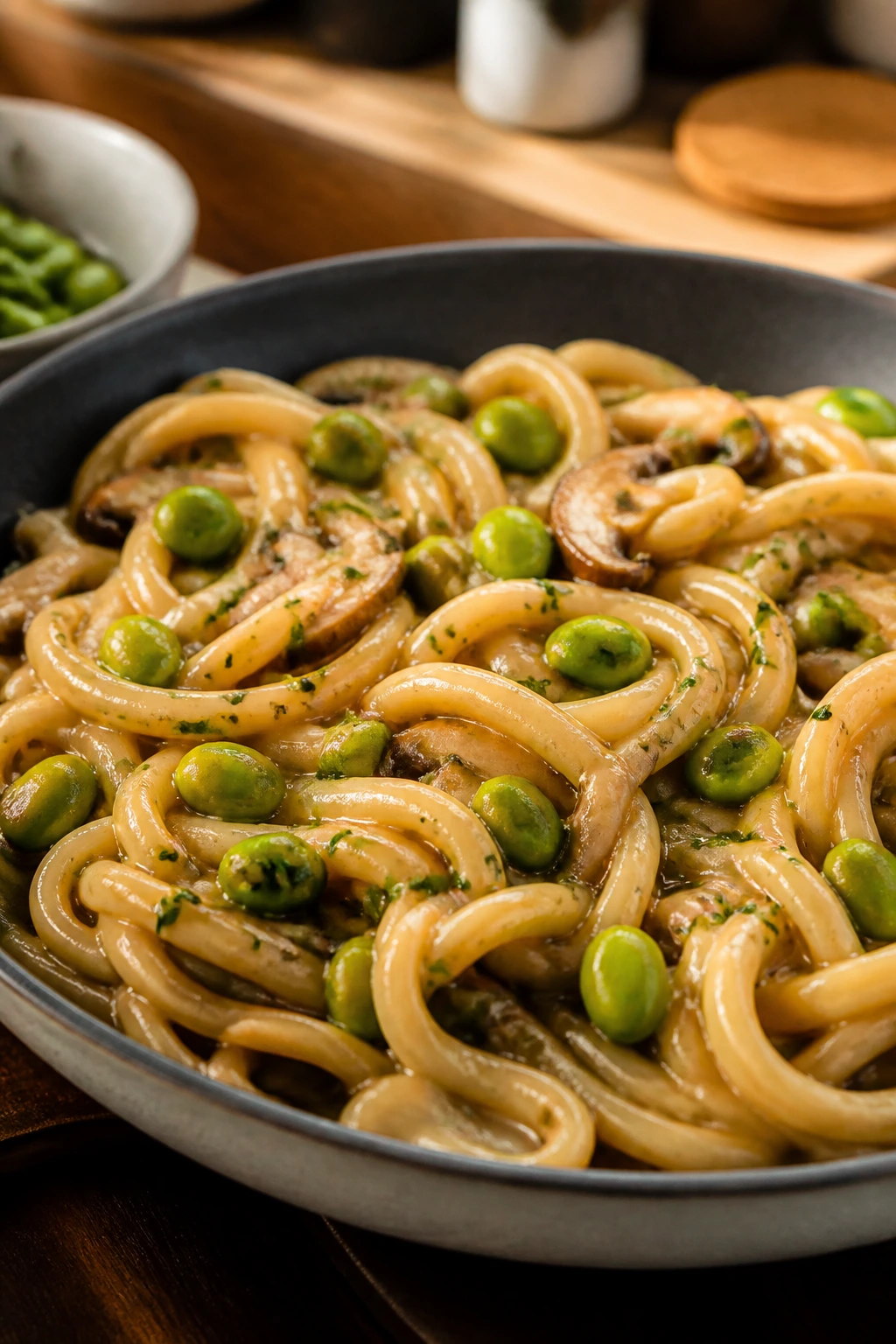 Close-up of miso butter udon with edamame in a cozy kitchen