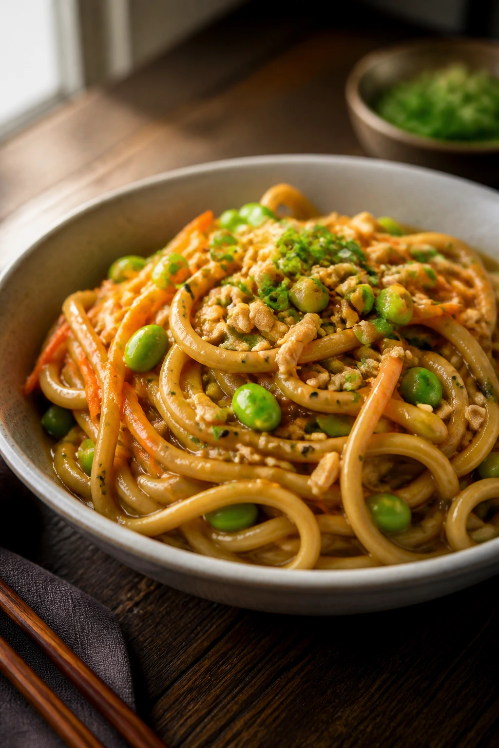 Glossy miso peanut udon with edamame and carrots in a bowl