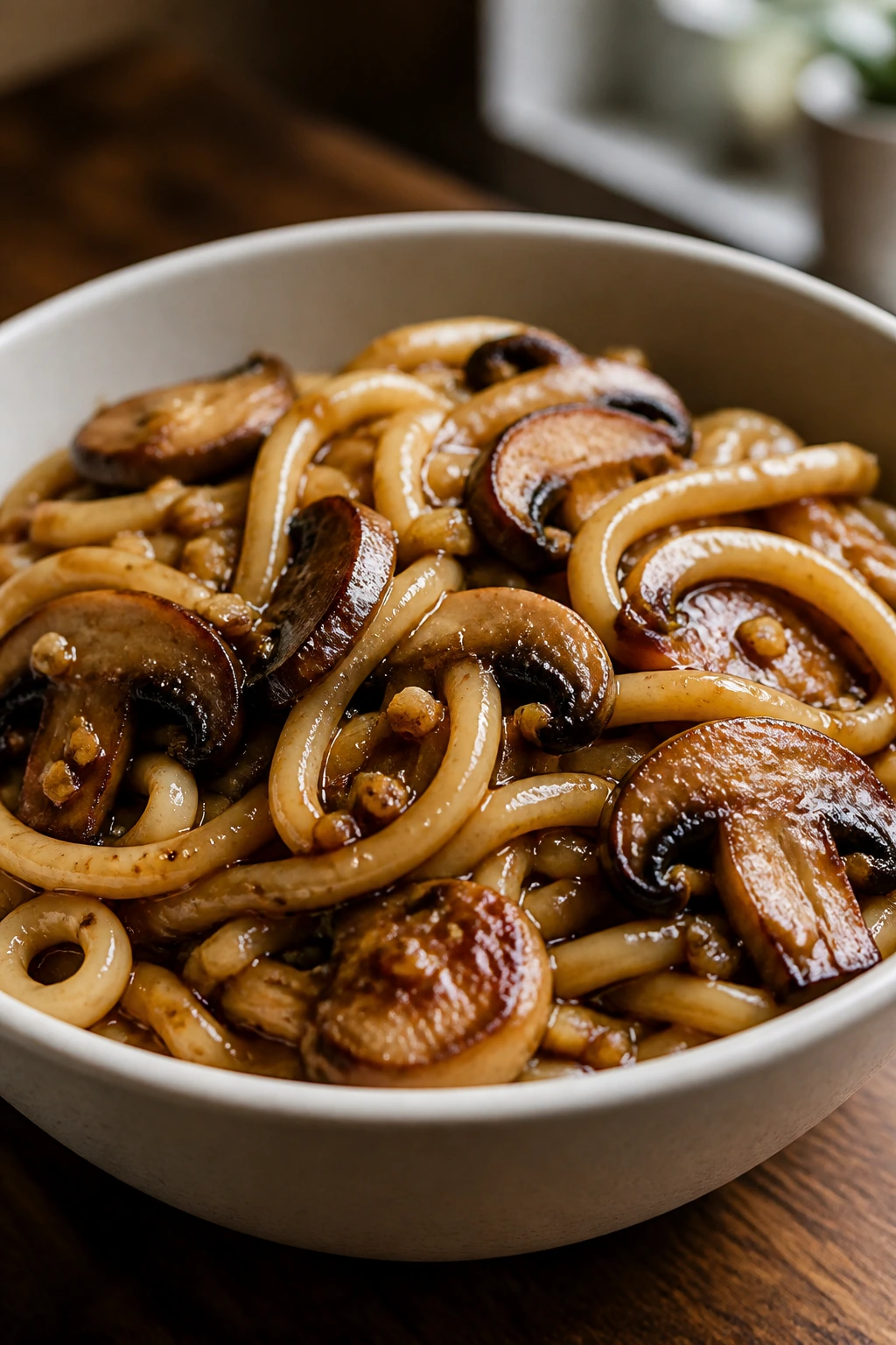 Close-up of udon noodles with browned mushrooms in a butter-soy glaze in a white bowl