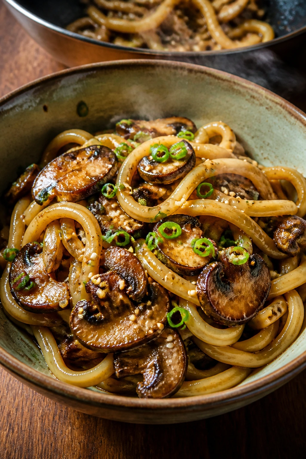 Close-up of sesame garlic udon with mushrooms in a cozy kitchen