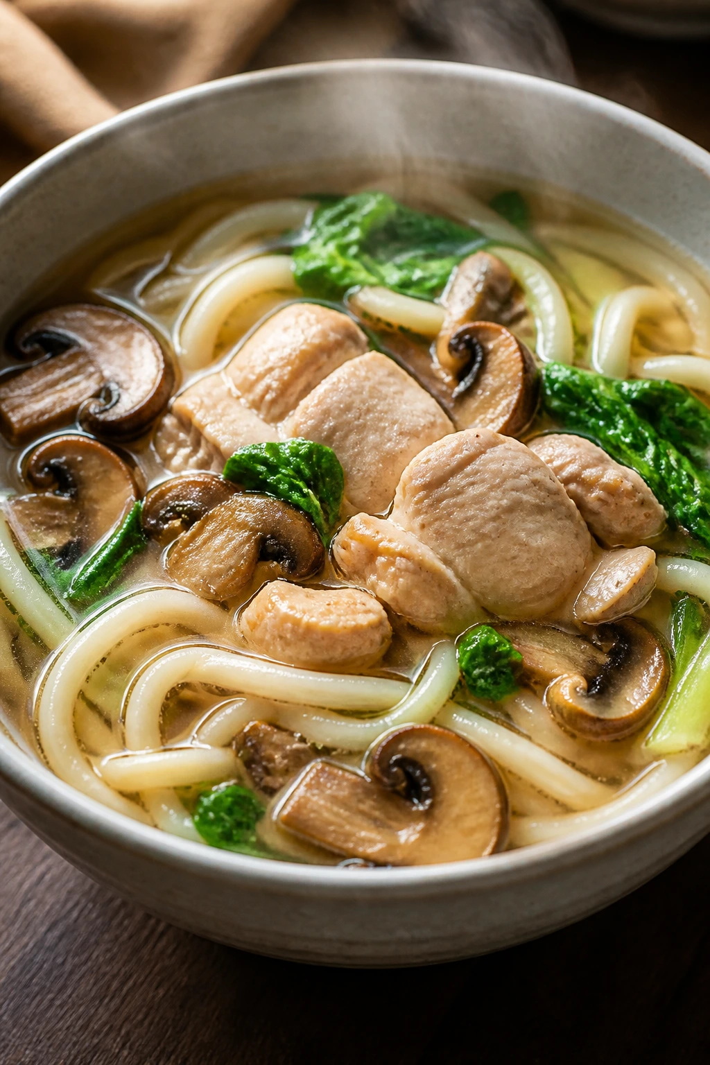 Udon noodle soup with chicken and mushrooms in light broth