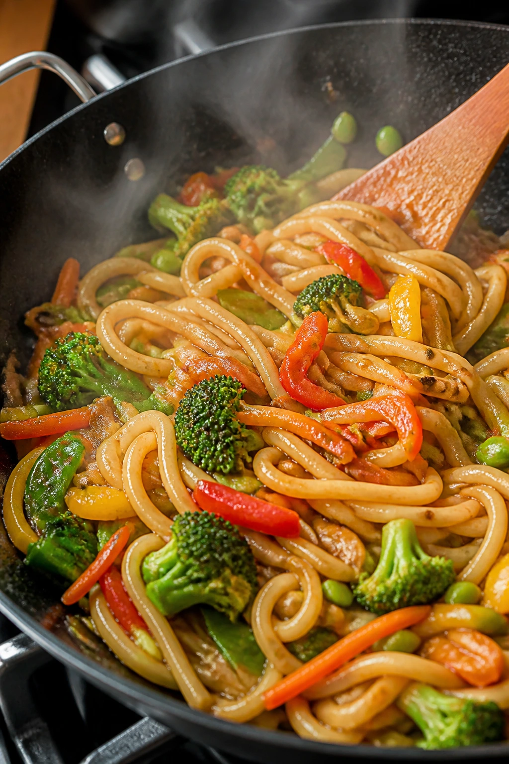 Close-up of udon stir-fry with vegetables in a skillet