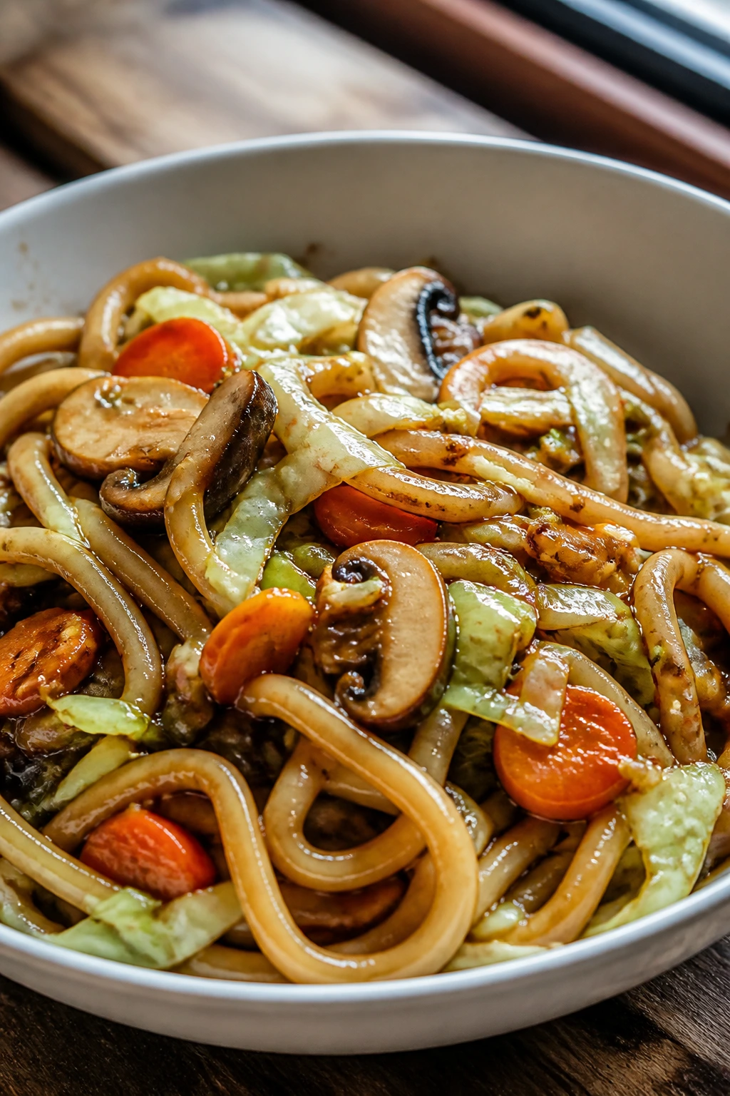 Close-up of veggie udon in teriyaki sauce with mushrooms and vegetables