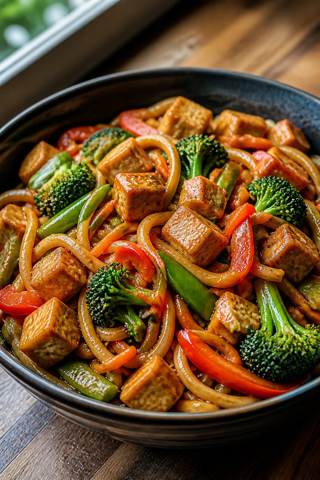 Glossy teriyaki veggie udon bowl with colorful vegetables