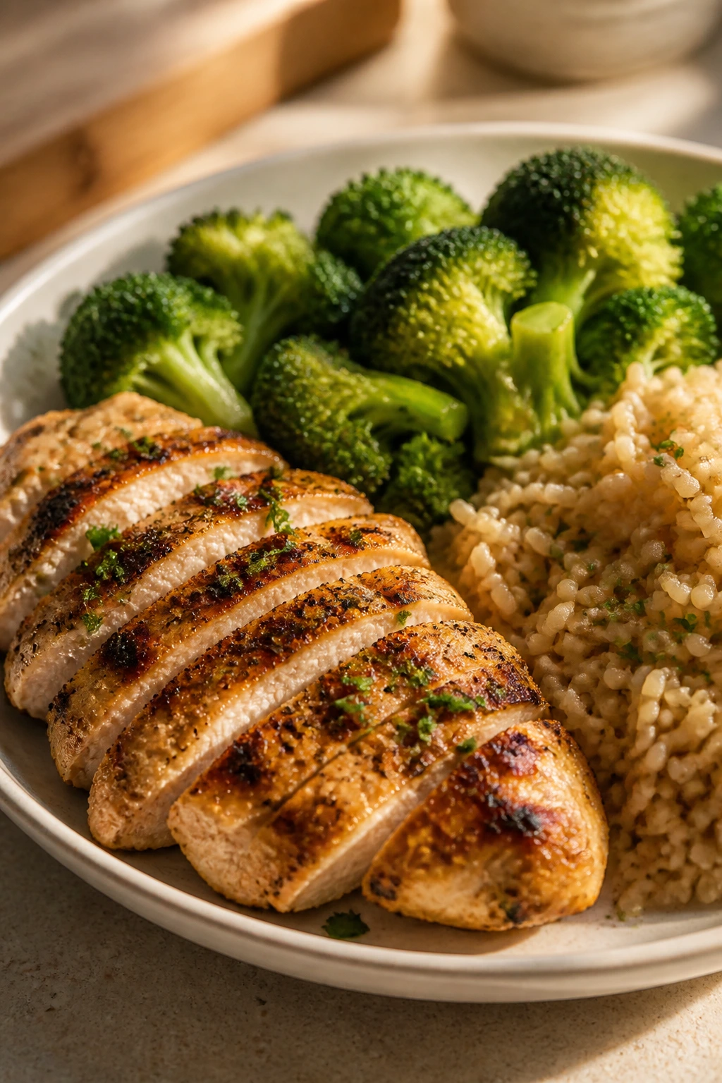 Close-up plate of a balanced under-500-calorie meal with chicken, broccoli, and rice