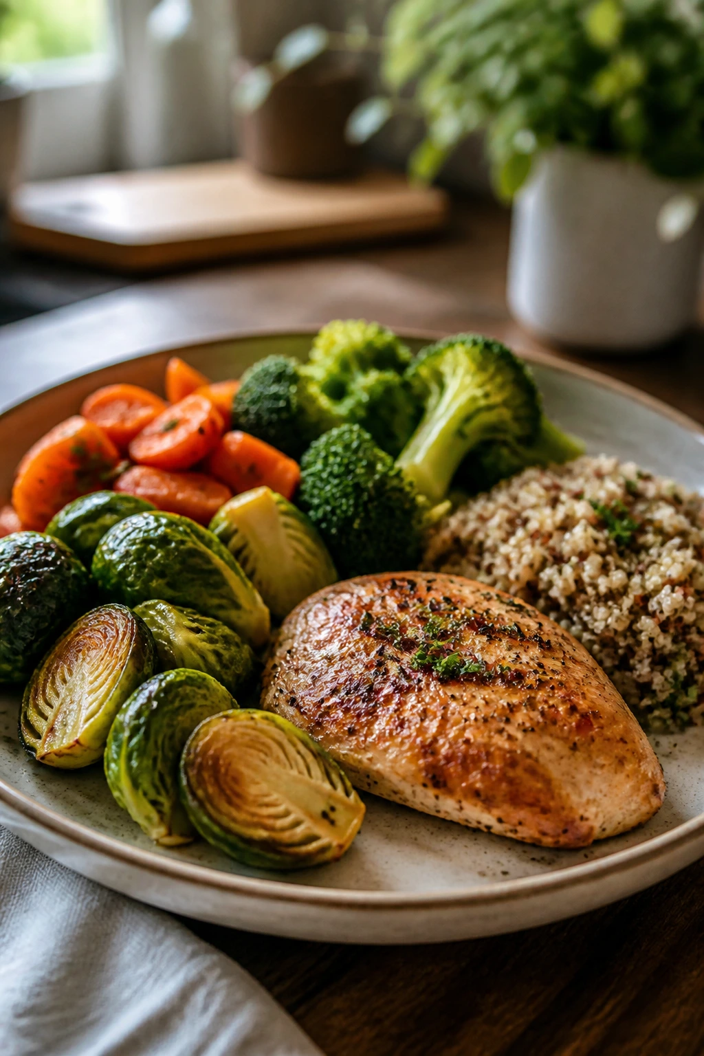 Plate showing protein, vegetables, and starch for under 500 calories
