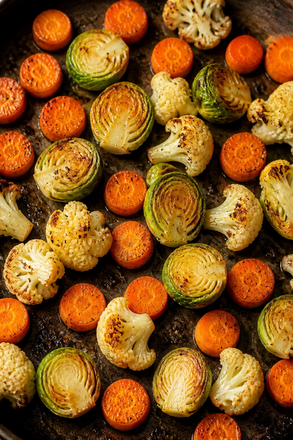 Uniformly cut vegetables browning in a pan with dry surfaces.