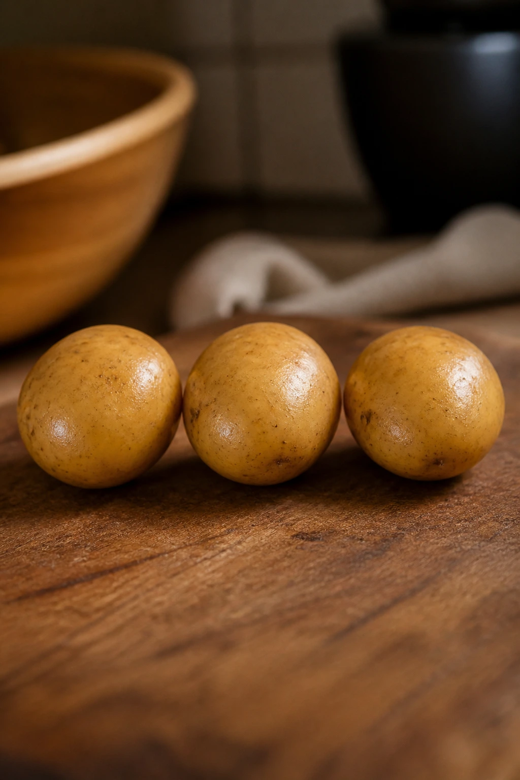 Uniform baby potatoes on cutting board under warm kitchen light.