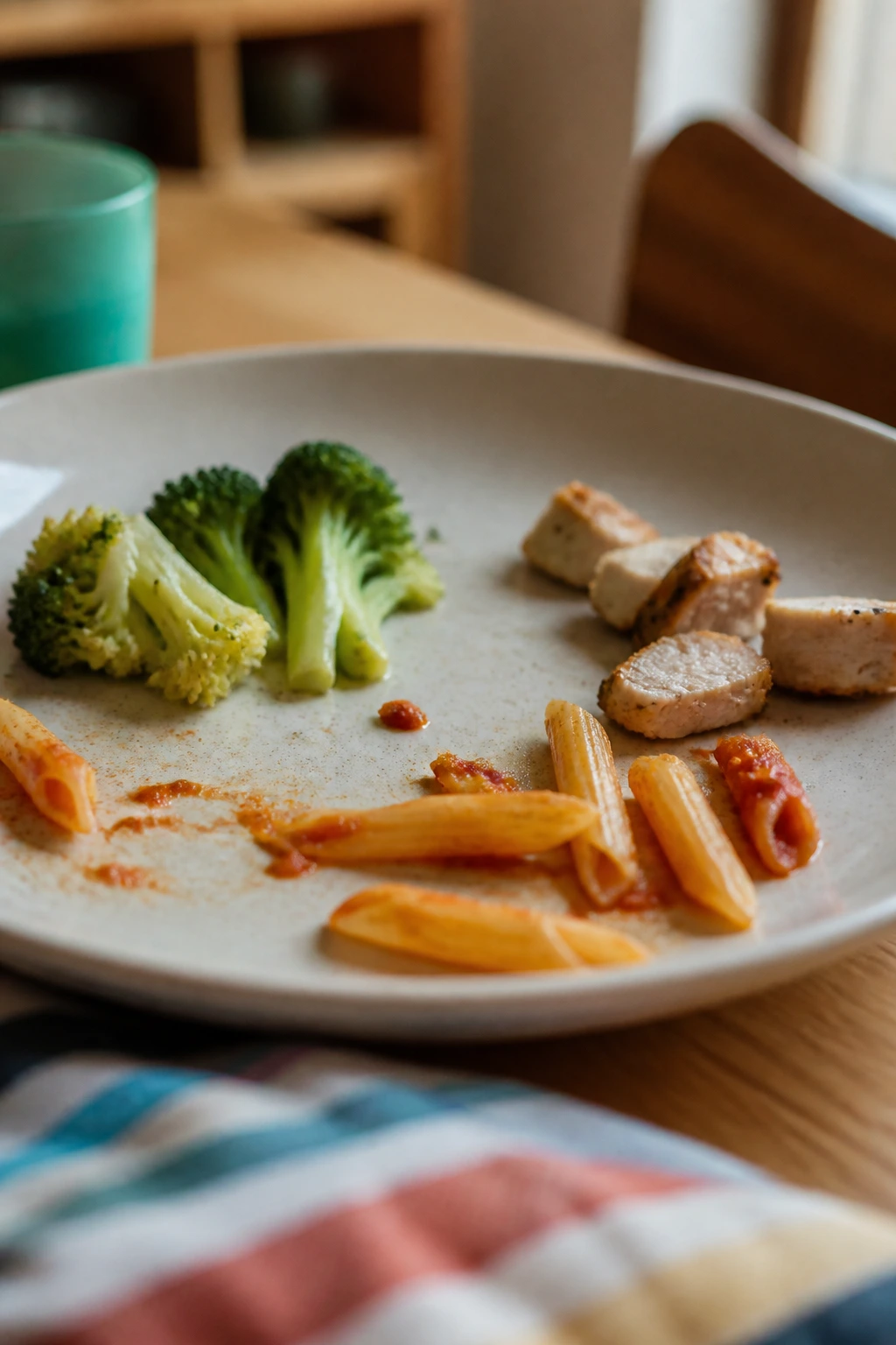 Plate with untouched dinner on a kitchen table.