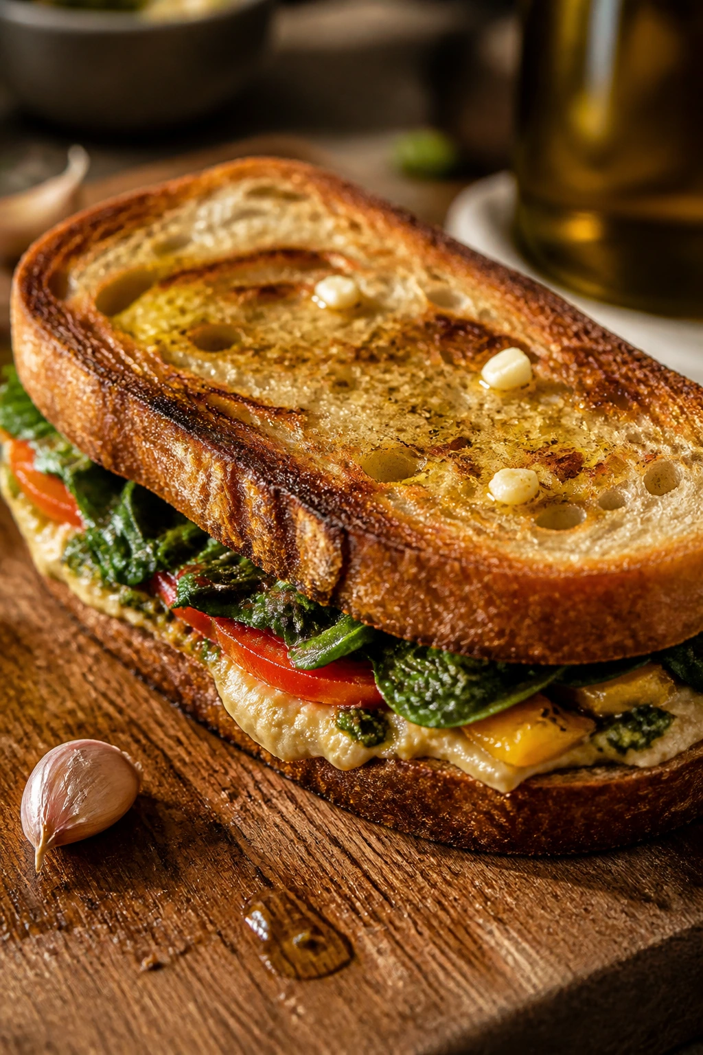 Toasted vegan sandwich with garlic rub and olive oil on cutting board