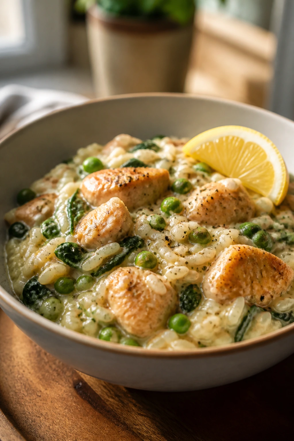 Close-up of creamy chicken and rice bowl with lemon, spinach, and peas