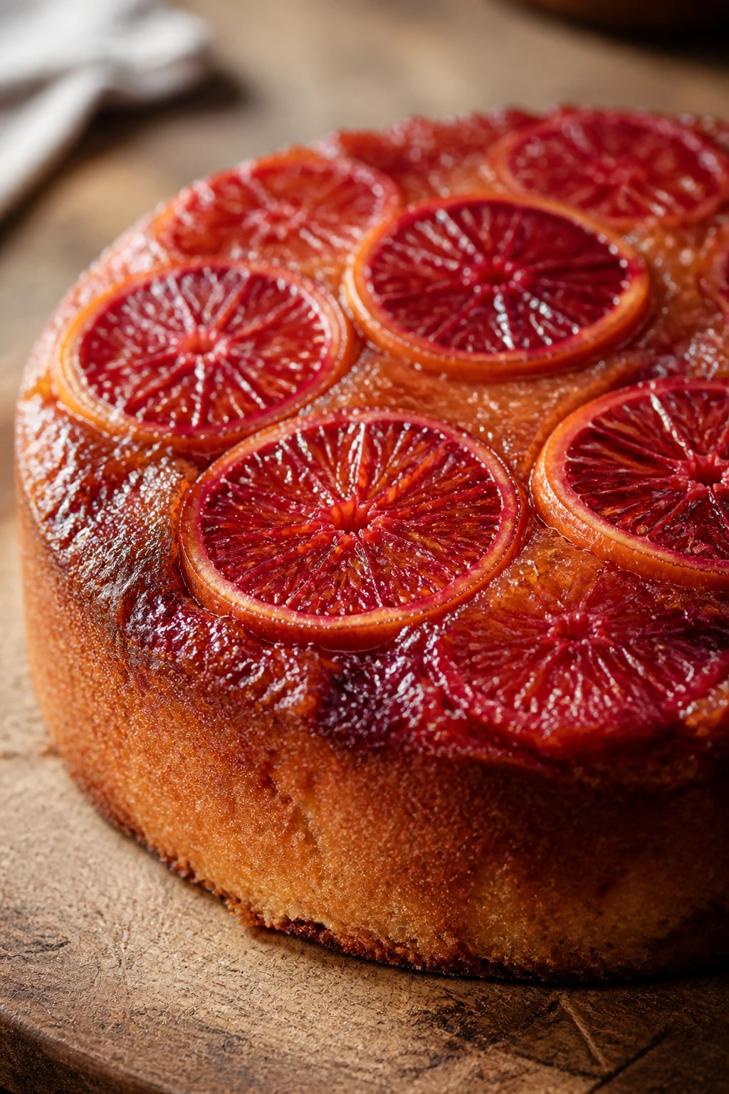 Blood orange upside-down cake with caramelized orange slices on top on a rustic counter.