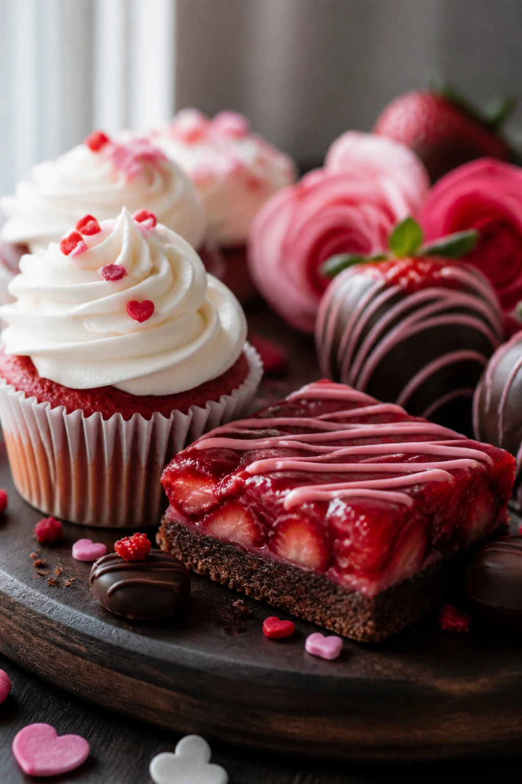 Close-up of a dessert arrangement with a restrained Valentine color palette