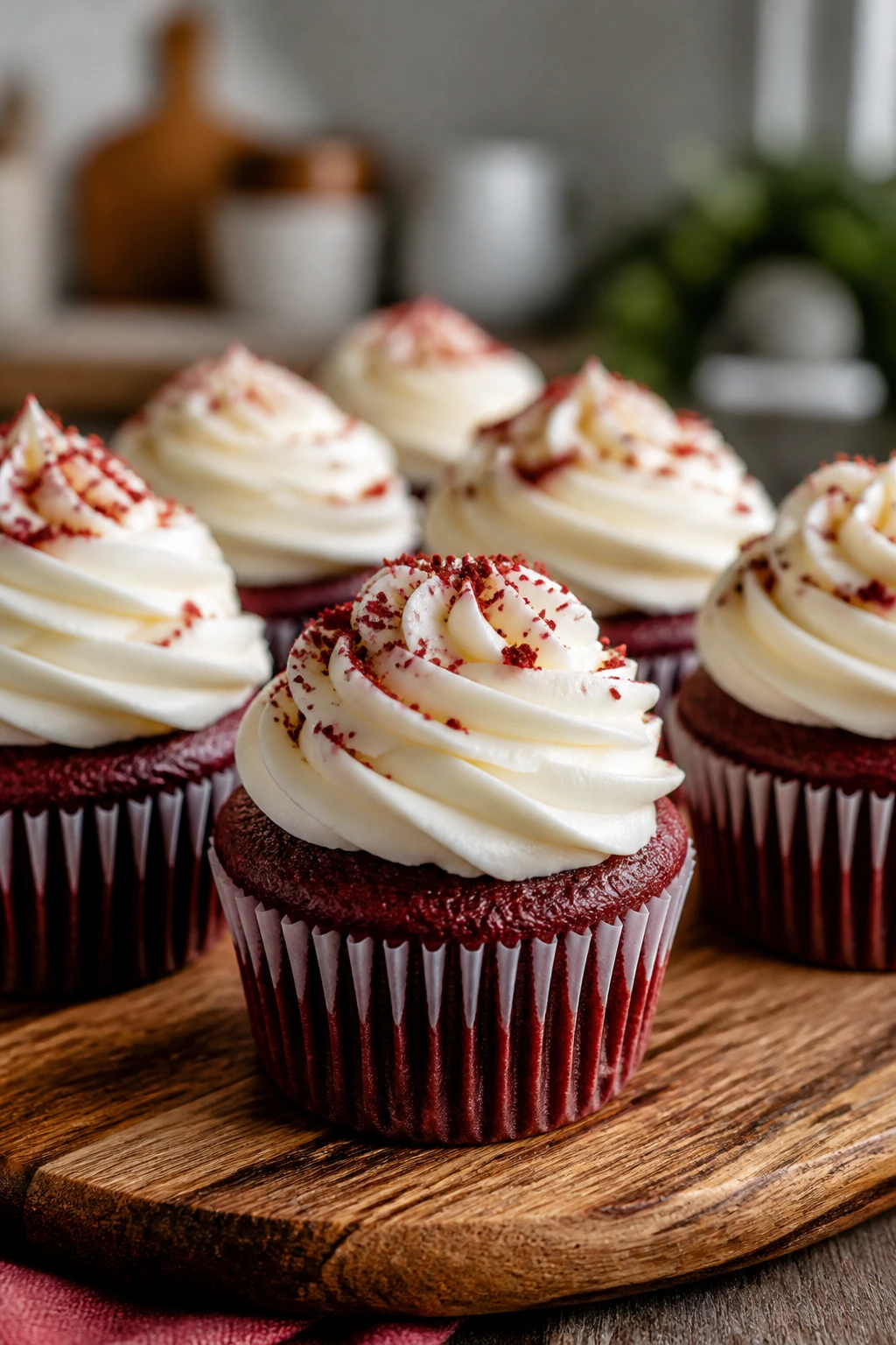 Close-up of red velvet cupcakes with cream cheese frosting on a rustic board in a warm kitchen
