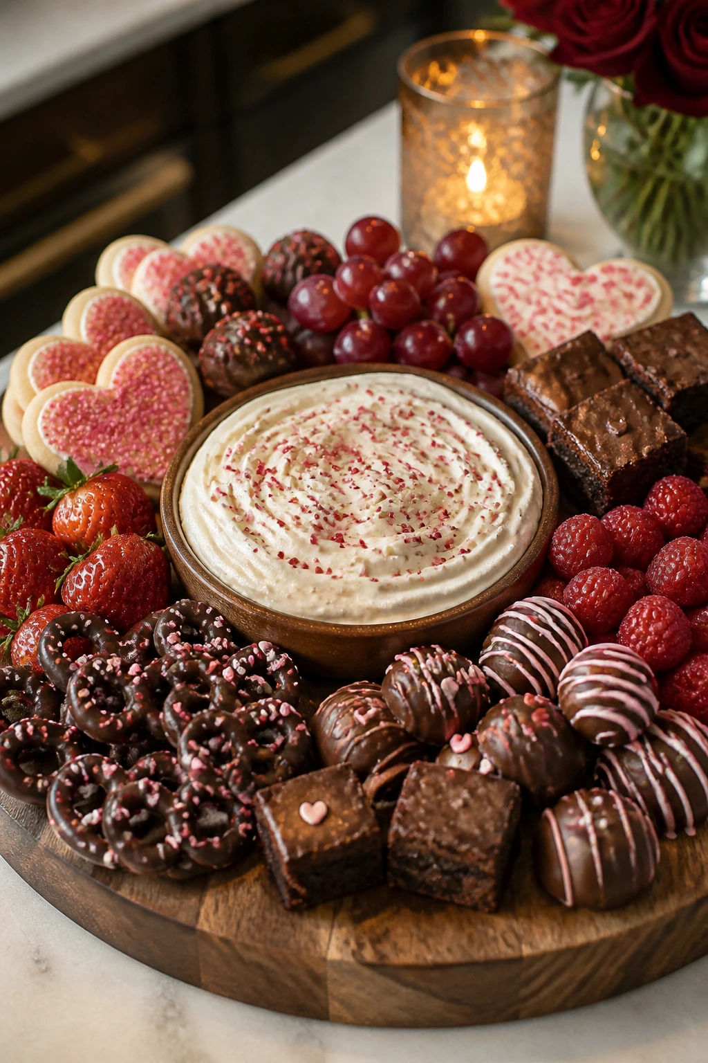 Romantic valentines dessert board with frosting dip on countertop