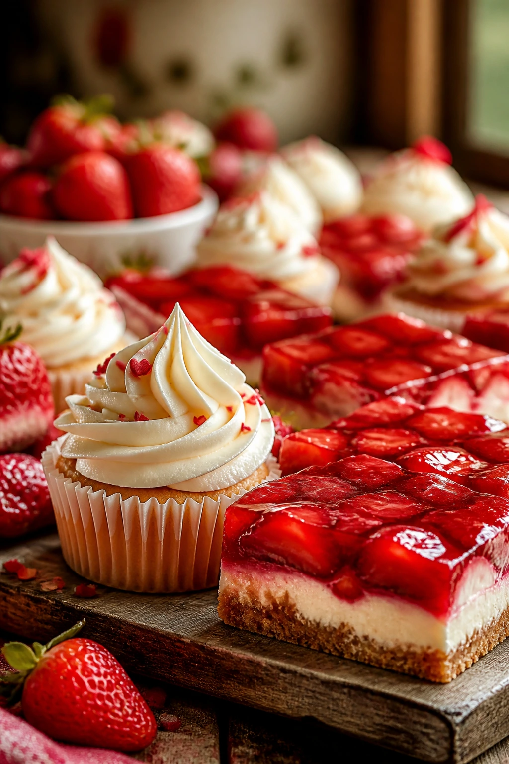 Close-up of a Valentine’s dessert table with cream cheese frosting cupcakes and strawberry bars on wood