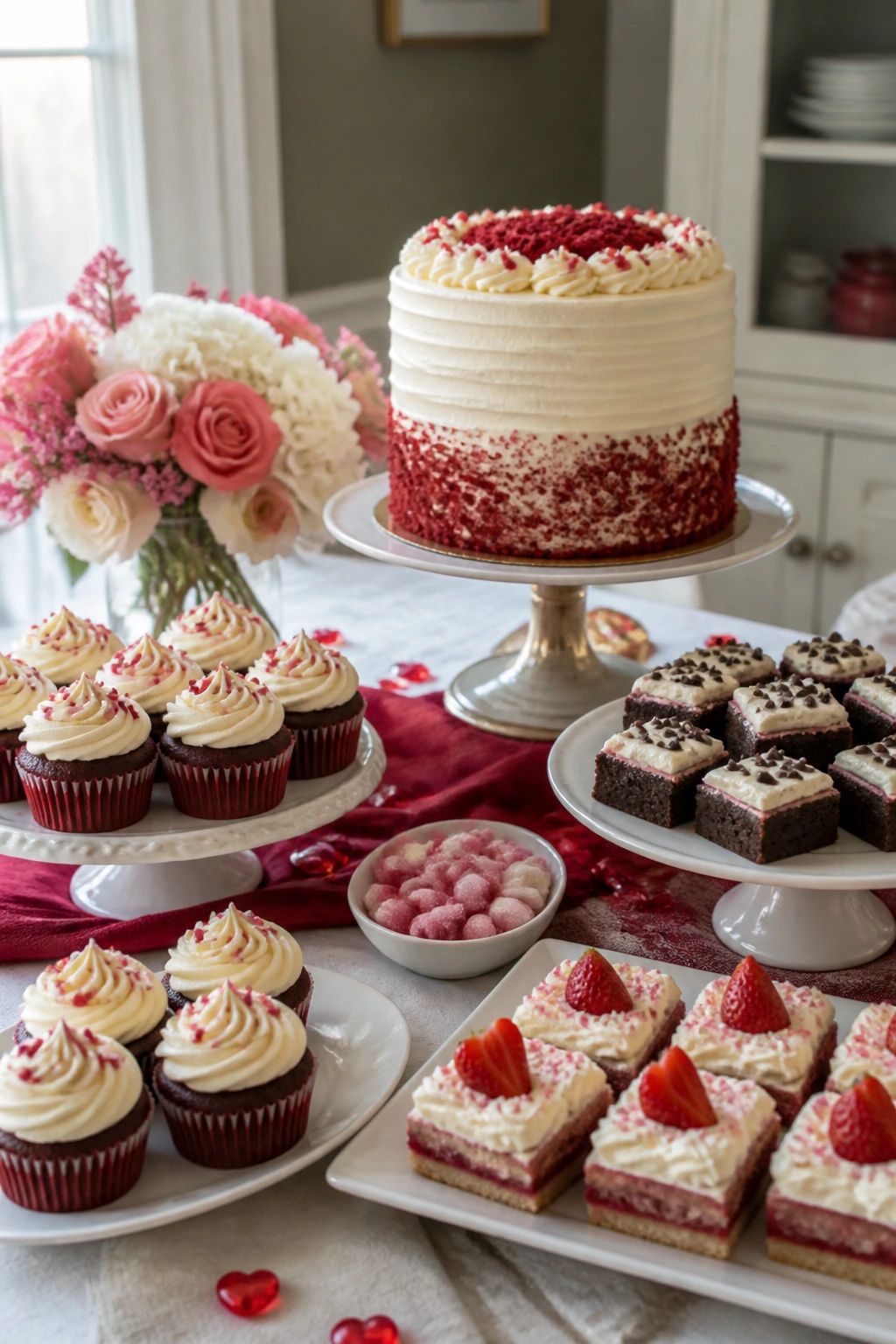 Valentine dessert table with tiered centerpiece cake and varied-height trays