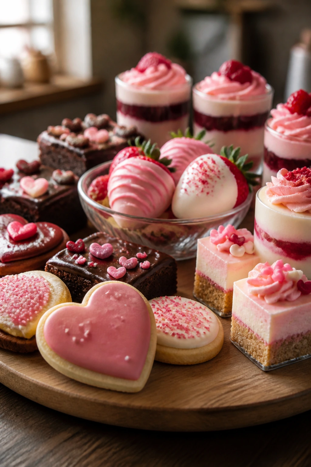 Close-up of a Valentine dessert tray with cookies, brownies, strawberries, and parfaits