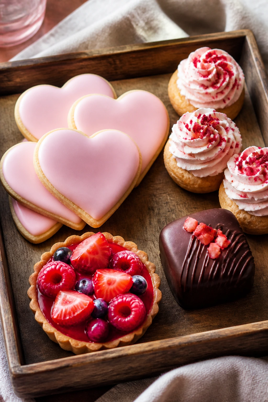 Close-up of a Valentine dessert tray with cookies, cream pastries, chocolate bite, and berry tartlet on a wooden tray